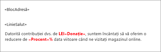 Document de îmbinare de corespondență eșantion, în care un câmp numit Donație include moneda, iar un câmp numit Procent este urmat de un semn procent.