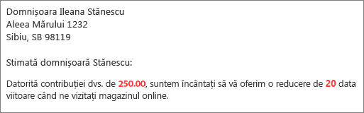 Document de îmbinare a corespondenței care citește contribuția dvs. de 50,00 și vă oferă o reducere de 20%.