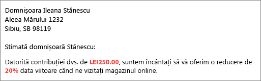 În documentul rezultat după îmbinarea corespondenței este prezentată contribuția dvs. de 50,00 USD și vă oferă o reducere de 20%.