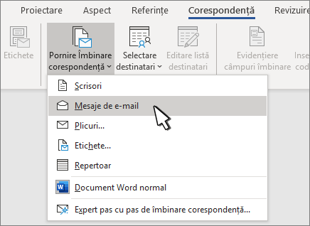 Pornire îmbinare corespondență cu mesajele de e-mail selectate