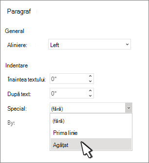 Selectarea indentării agățate