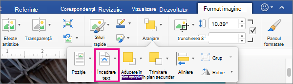 Faceți clic pe Încadrare text pentru a selecta modul în care textul se încadrează în jurul unei imagini sau al unui obiect desenat.