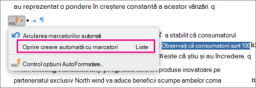 Opțiunea de a opri crearea automată de liste cu marcatori este evidențiată.