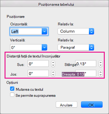 Setați spațiul dintre tabelul selectat și corpul de text sub Distanță față de textul înconjurător.