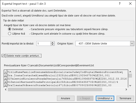 Excel - Preluare date externe din Text, Expertul import text, pasul 1 din 3