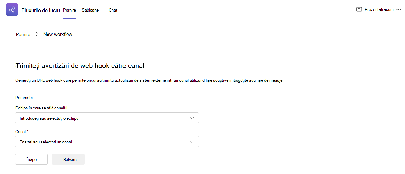 Șablon Webhook pentru trimiterea la un canal