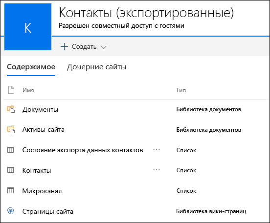 Страница дочернего сайта SharePoint со списками, экспортированными из веб-приложения Access