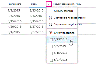 Применение фильтра к полю таблицы 