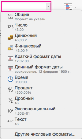 Поле числовых форматов на вкладке 