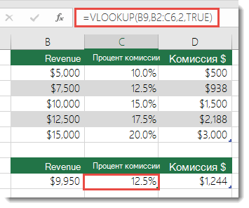 Ячейка C9 содержит формулу =ВПР(B9;B2:C6;2;ИСТИНА)
