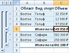 Пример автоматического подведения промежуточных итогов