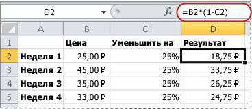 Пример формулы для вычисления процентов