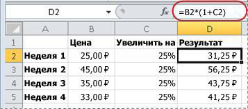 Пример формулы для вычисления процентов