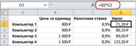 Пример формулы для вычисления процентов