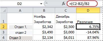 Пример формулы для вычисления процентов