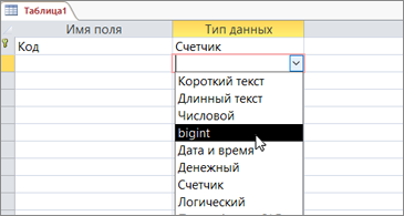 Снимок экрана, на котором показан тип данных bigint, выбранный на листе.