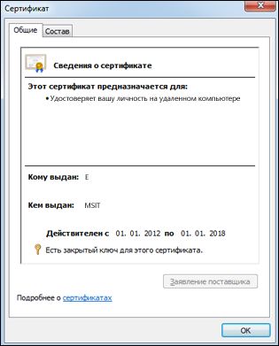 Диалоговое окно «Сертификат»