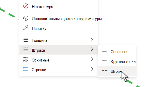 На вкладке Фигура в разделе Контур фигуры можно изменить сплошную линию на пунктирную или пунктирную.