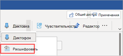 Показывает кнопку транскрибирования в Word