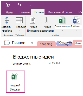 Снимок экрана с вложенной электронной таблицей в OneNote 2016