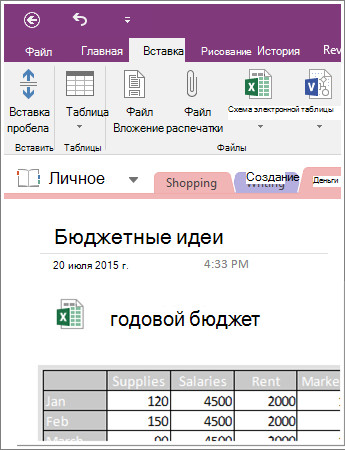 Снимок экрана с внедренным листом в OneNote 2016