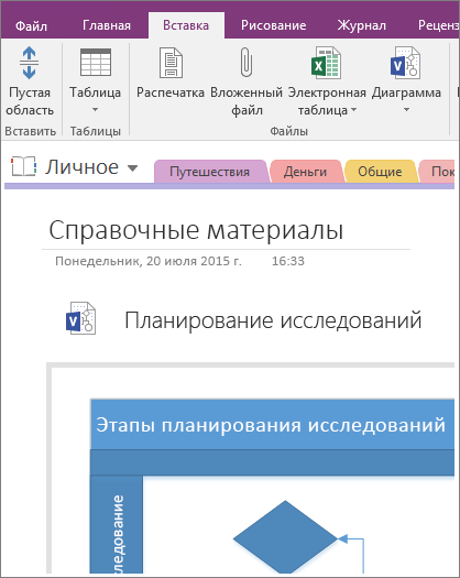 Снимок экрана: добавление существующей схемы Visio в OneNote 2016.