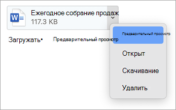 В раскрывающемся меню выберите Предварительный просмотр, Открыть, Скачать (или Сохранить как...) и Удалить.