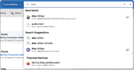 Панель поиска в Outlook для Mac.