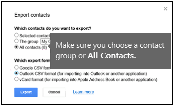 Выбор контактов для экспорта и выбор формата CSV Outlook для экспорта контактов Google