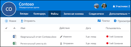 Щелкните Files в группе Office 365, чтобы просмотреть список файлов и папок, хранящихся в вашей группе