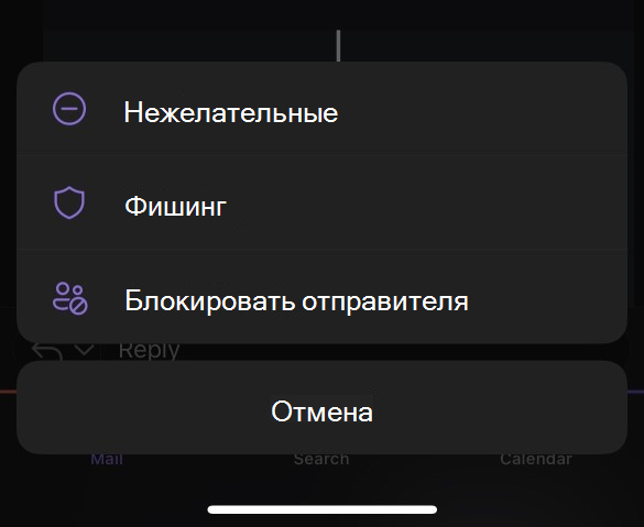 Подменю нежелательной почты для Outlook Mobile
