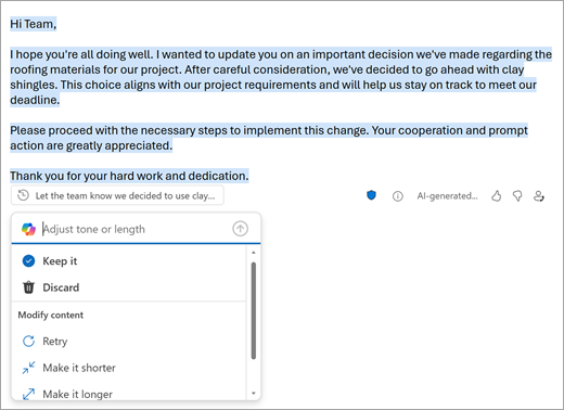 Отображает страницу Создание почты Outlook с черновиком, созданным Outlook. Под черновиком приведены варианты сохранения, отмены или изменения черновика.