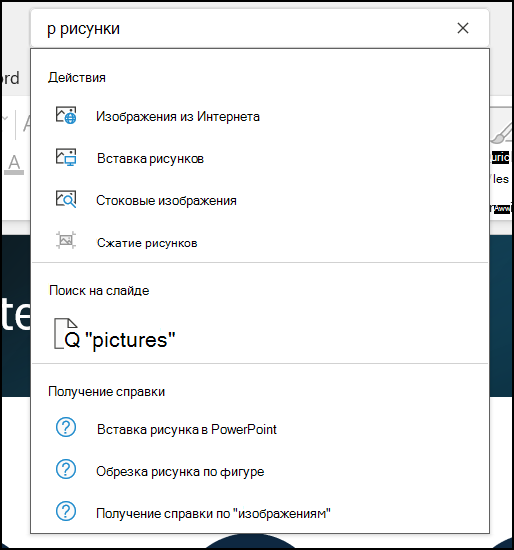 Поле поиска в действии в PowerPoint с изображениями, которые ищутся,