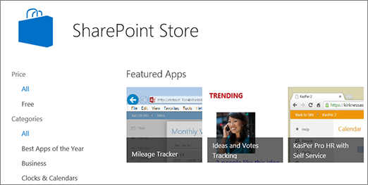 Представление выбора приложения Магазина SharePoint