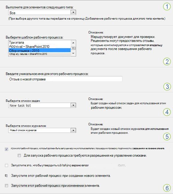 Первая страница формы связи с пронумерованными выносками