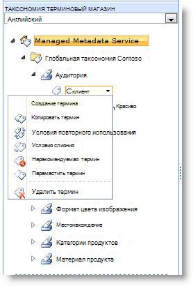 Используйте меню для управления терминами в наборе терминов.
