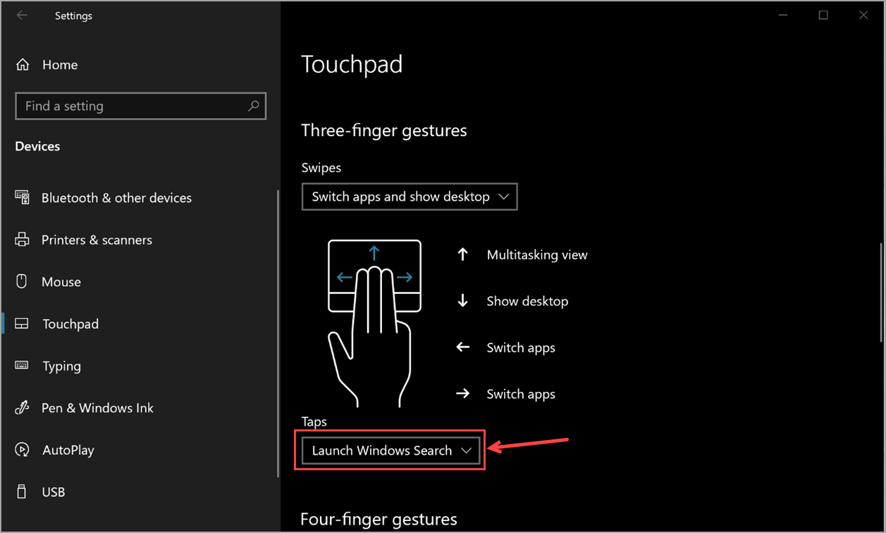 Параметры сенсорной панели в Windows 10