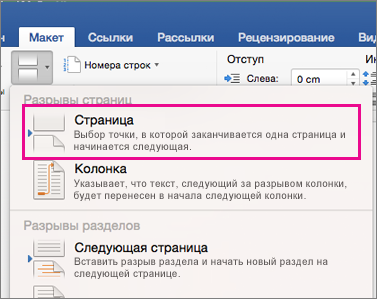 Layout Break menu with Page Break highlighted