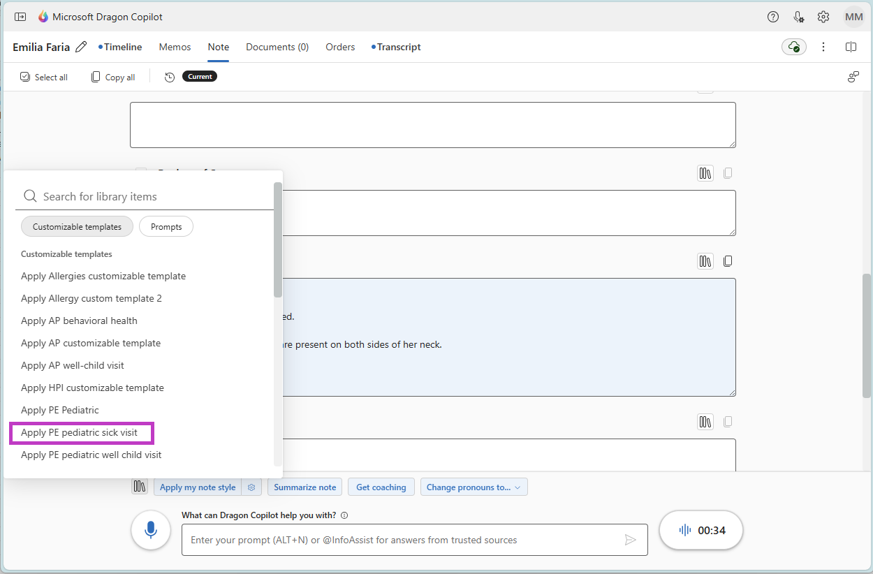 The drop-down menu that appears after selecting the Library icon, with a custom template highlighted.