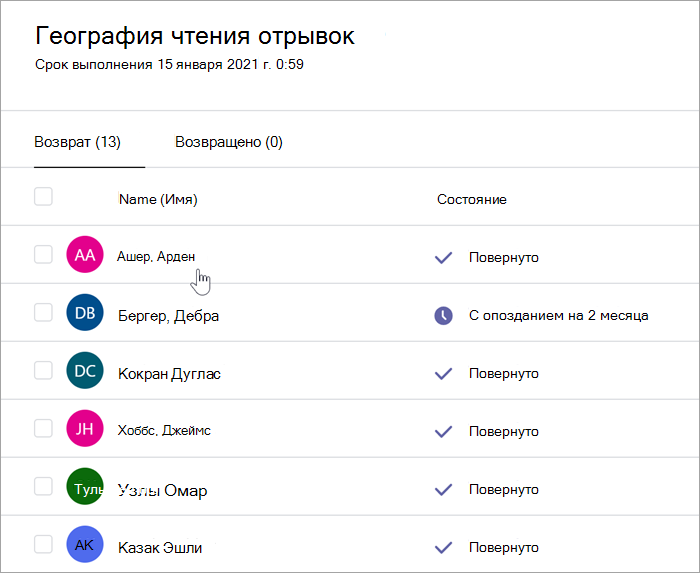 Снимок экрана: область чтения преподавателей: география чтения отрывок. 15 января 2021 г. 12:59 утра, есть две вкладки для возврата (13) и Возвращено (0). Выбрано представление возвращаемой вкладки и отображаются два столбца: имена и состояние. В списке указано несколько имен учащихся, а состояния включают в себя повернутые в очереди через 2 месяца с