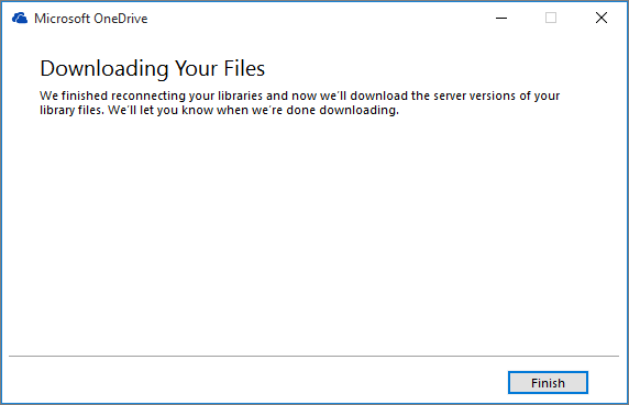 Заключительное диалоговое окно восстановления синхронизации OneDrive для бизнеса