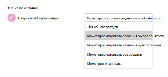 Снимок экрана: различные разрешения на доступ при совместном использовании календаря в Teams.