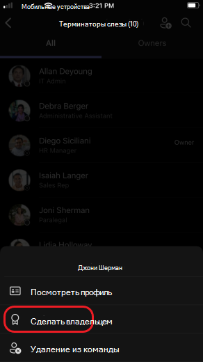 iOS сделать владельца команды