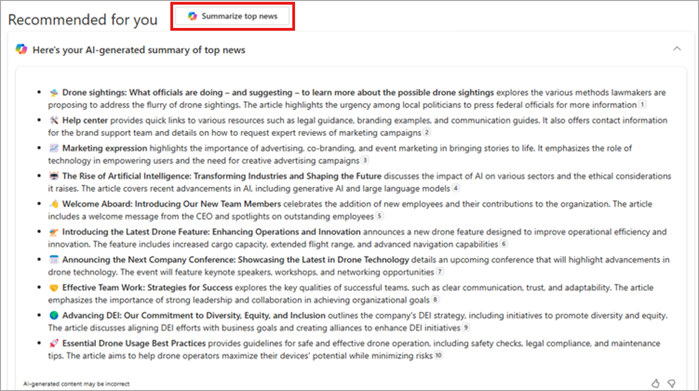 Screenshot showing the summarize top news button.