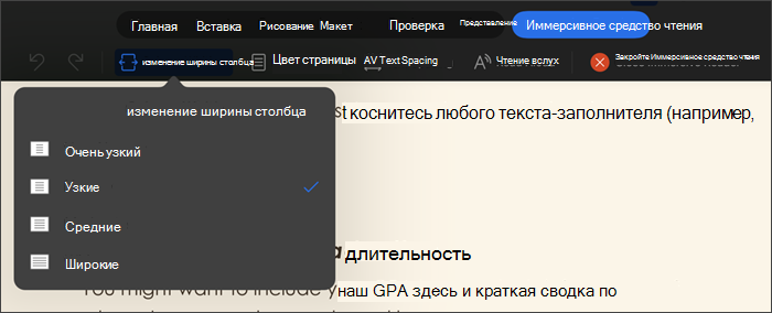 снимок экрана: иммерсивное средство чтения с выбранным параметром 