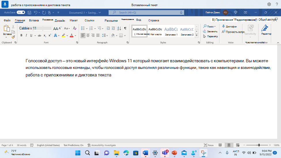 Word документ с командой голосового доступа для вставки текста.