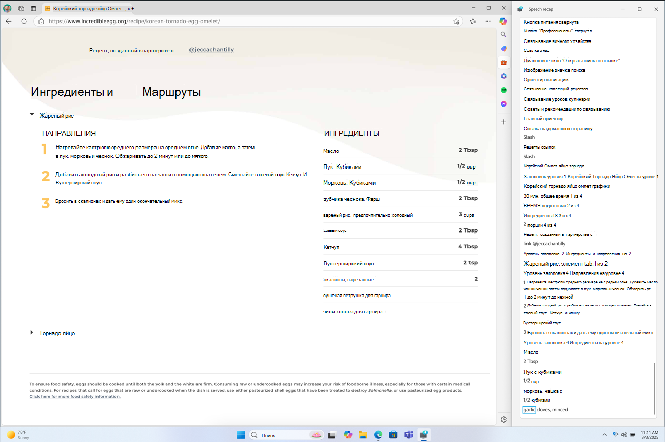Окно повтора речи экранного диктора, прикрепленное в правом углу экрана, показывающее транскрибирование речи экранного диктора в режиме реального времени.