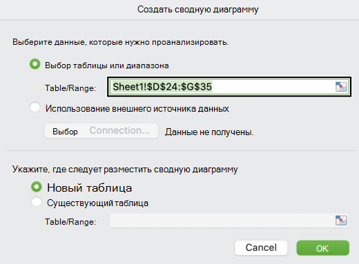 Диалоговое окно Создание сводной диаграммы в Mac.