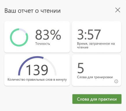 снимок экрана: данные из сеанса обучения чтению — отображается точность, время, затраченное на чтение, количество правильных слов в минуту и количество слов для тренировки.