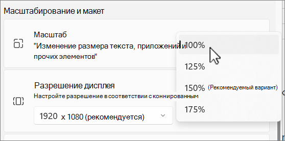 Снимок экрана: параметры масштабирования и макета.